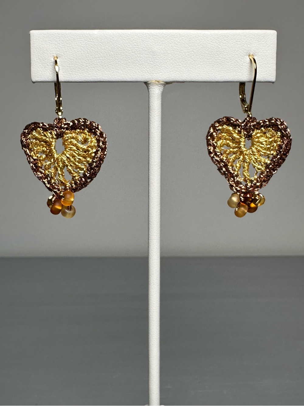 Handmade Crochet Golden Heart Earrings